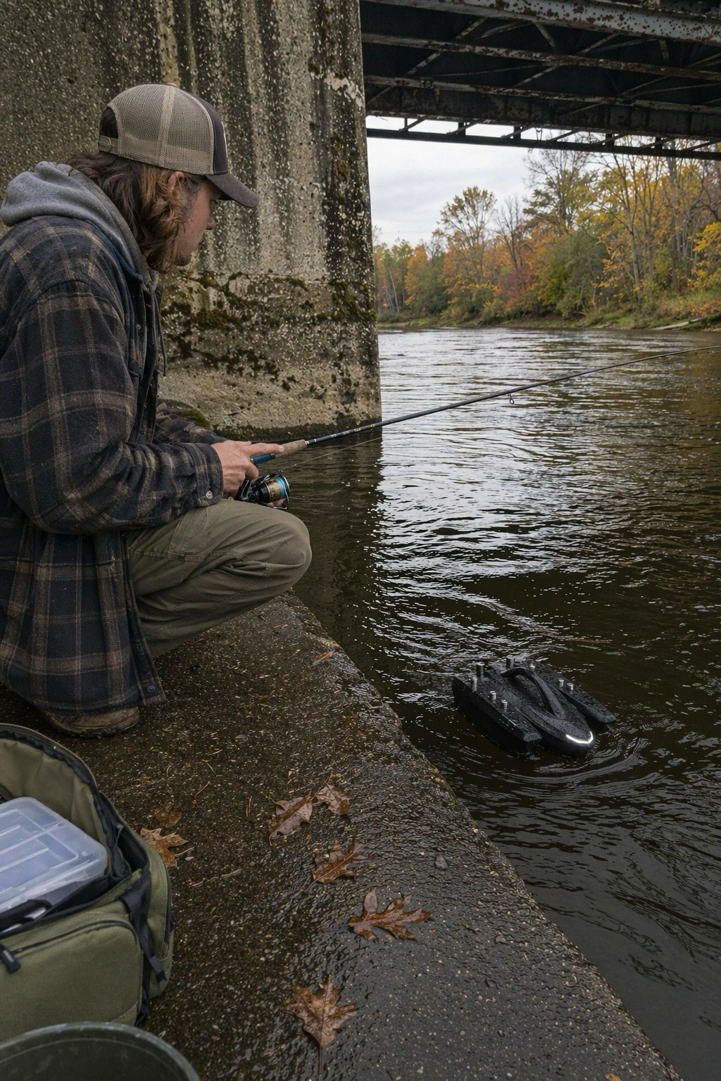 Angler fishing beside bridge structure while the Kastave robot scouts the water