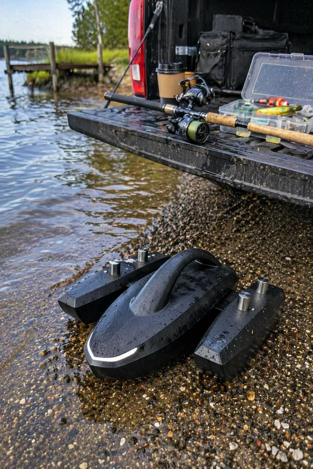 Kastave scouting robot staged at the water beside fishing gear
