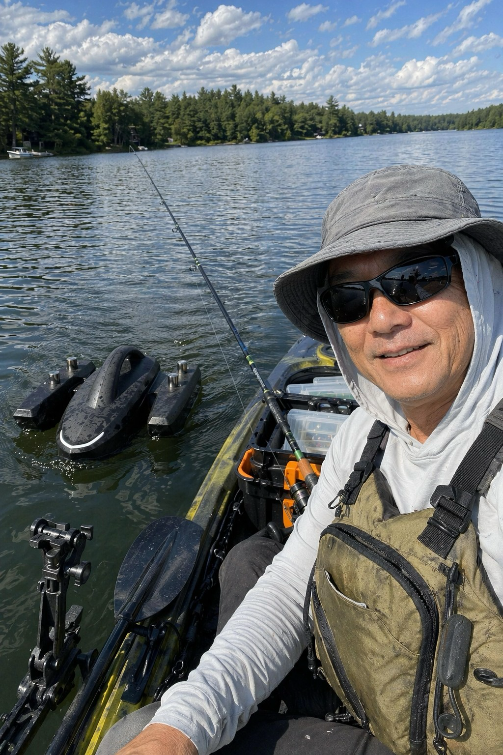 Kayak angler testing the Kastave scouting robot on open lake water