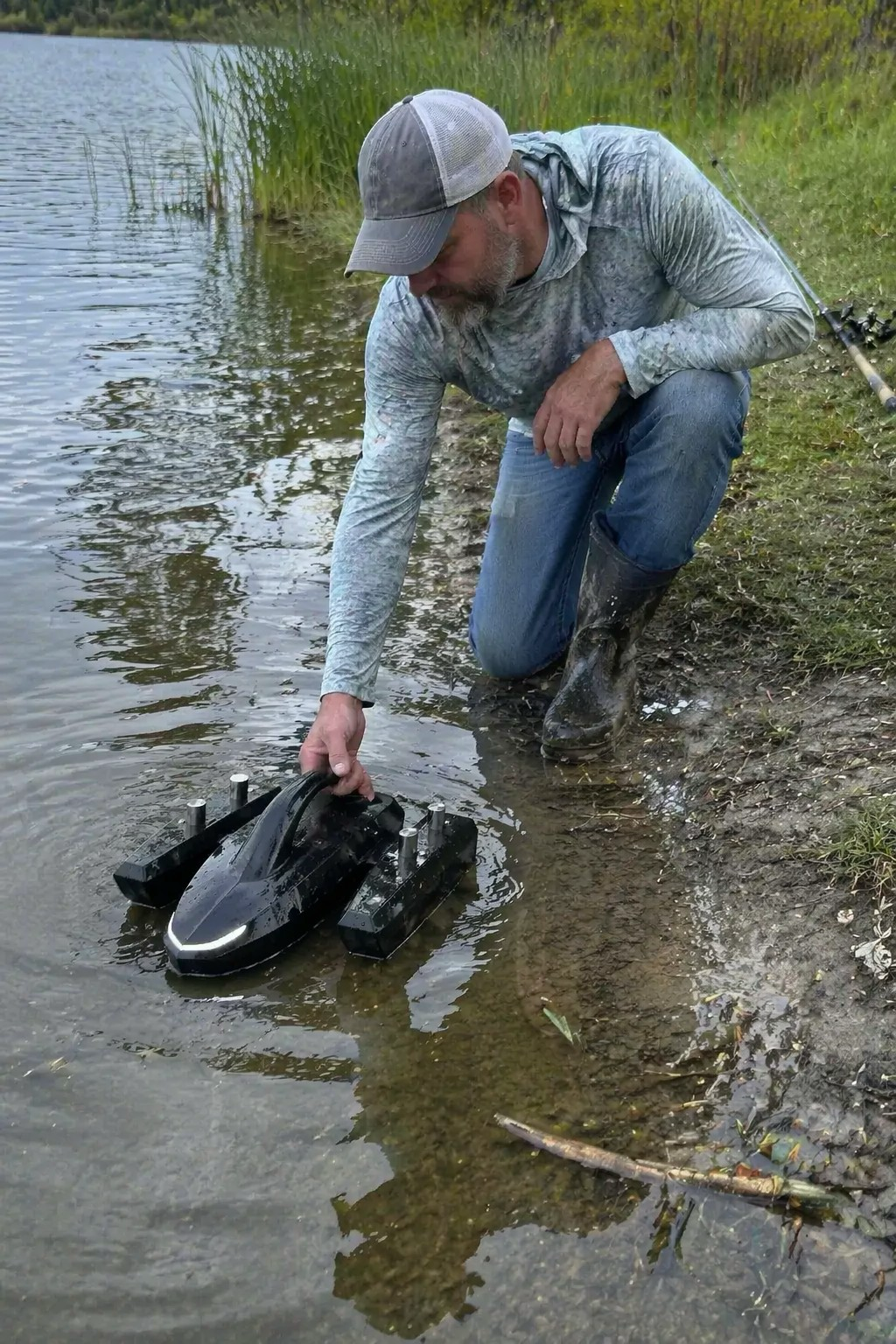 Angler launching the Kastave scouting robot from a muddy shoreline