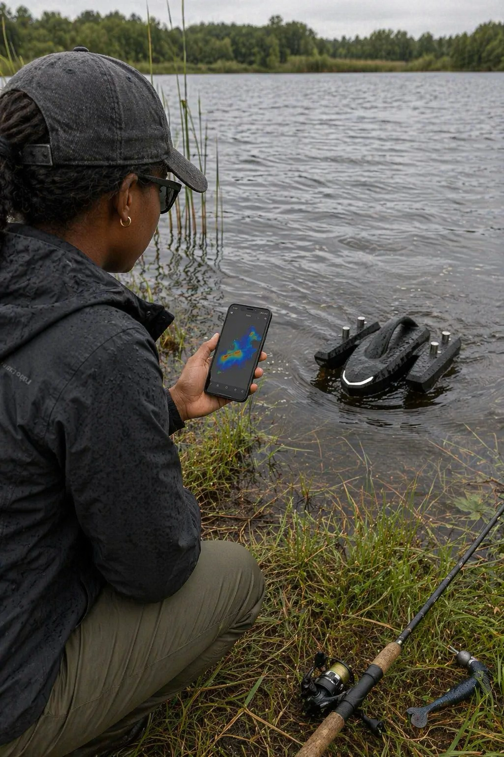 Angler viewing a scan map while Kastave scouts near the bank